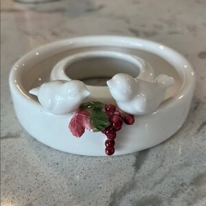 Vintage White Ceramic Circle Candle Dish with Doves and red grapes